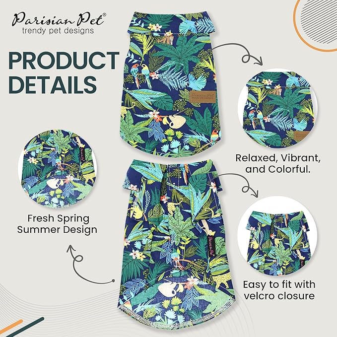 Parisian Pet Unisex Amazonia Shirt - Leafy Dog Beach Outfit - Cotton Summer Clothes - Stylish Hook and Loop Closure - Machine Washable for Medium-Sized Dogs - M