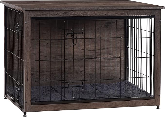 DWANTON Dog Crate Furniture with Cushion, Wooden Kennel Table with Double Doors, Indoor Dog House, Large Size, 38.5" L, Dark Gray