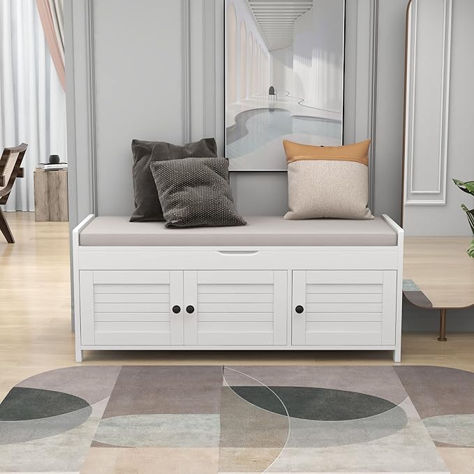 Storage Bench with 3 Shutter-Shaped Doors, Pine Wood Shoe Bench with Removable Cushion and Hidden Storage Space for Living Room, Entryway 43.5" L x 16" W x 18" H (White)