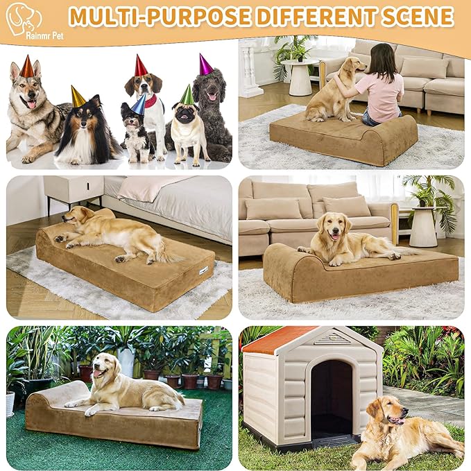 Orthopedic Dog Beds for Large Dogs, 7" Memory Foam Dog Beds with Waterproof Liner, Chew Proof Microsuede Cover, Removable and Washable, Nonskid Bottom, 60"x48" XXL Khaki