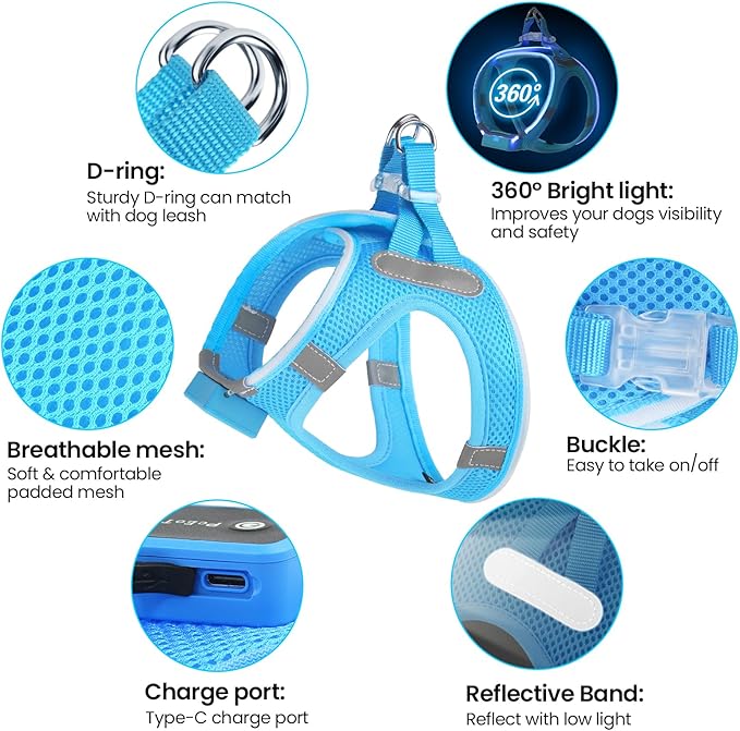 PceoTllar Light Up Dog Harness, LED No Pull Reflective Dog Harness, Flashing Lighted for Night Walking - Small/Medium, (Blue M)