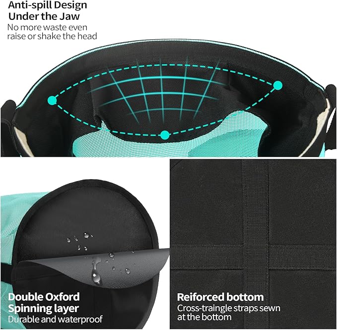 Horse Feed Bag 2 Pcs, Mesh Feed Bags for Horses, Muzzle Feedbag for Feeding Grain, Anti-Spill Design Feeder, Soft Neck Pad Nose Pad, Universal Fit (Mint, Pack of 2)