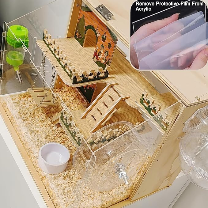 11 in 1 Wooden Hamster Cage with All Accessories, 15.8 Inch 3-Layer Dwarf Hamster Cage Acrylic,Small Animal Cages, Pastoral Style Mouse Cage for Pet Mice, Hedgehog, with Stairs, Fences and Swing