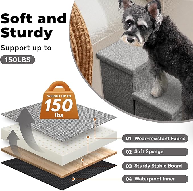 Dog Stairs with Storage 12" H, 2-Step Wider Dog Steps for Dogs Cats, Folding Sturdy Pet Stairs Climbing Sofa Couch, Ramp for Car Hold Up to 150 lbs (Gray, No Condo)