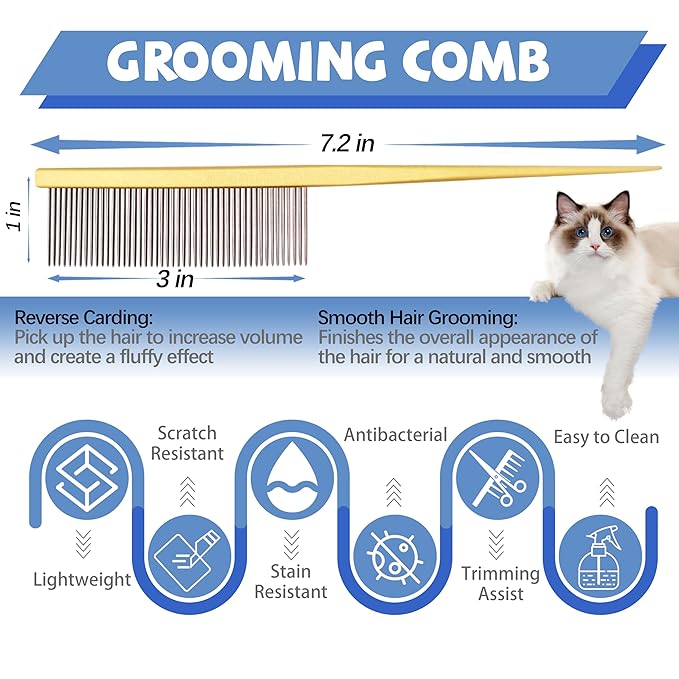 Grooming Pet Comb Rat Tail Dematting Cat and Dog Comb，Rounded Ends Design for Safe Tangle Removal, Hairstyling, Massage，Loose Hair Removal，Prevent Irritation，Fluffing Paws,Face,Tail,Remove Tear Stain