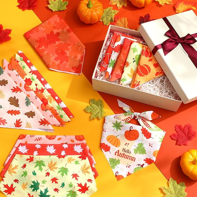 100 Pieces Fall Dog Bandanas Bulk Maple Leaves Bandanas for Dogs Autumn Soft Doggie Bibs Adjustable Triangle Scarves with Pumpkin Patterns for Small Medium Large Pet Fall Autumn Costume