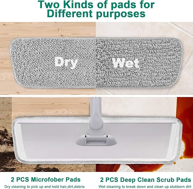 18" Professional Microfiber Mop Floor Cleaning System, Flat Mops with Stainless Steel Handle, 4 Reusable Washable Mop Pads, Wet and Dust Mopping for Hardwood, Vinyl, Laminate (White&Grey)