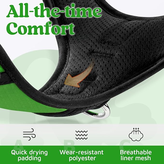 rabbitgoo Dog Harness Small Sized, No Pull Dog Vest with 3 Buckles, Adjustable Soft Padded Pet Harness with Easy Control Handle and Reflective Strips, Green, S