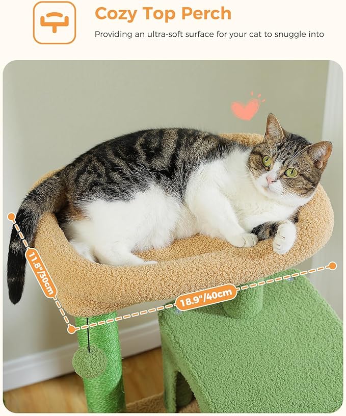 Cactus Cat Tree for Indoor Cats, 45.7" Multi-Level Cat Tower with Large Metal Frame Hammock, Cat Condo with 4 Scratching Posts and Top Perch, Green