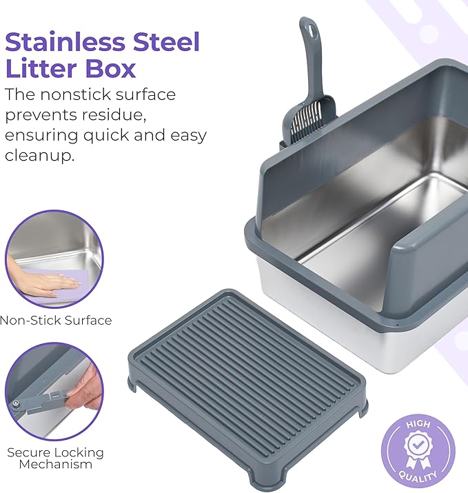 iPrimio Premium Stainless Cat Litter Box for Easy Cleanup - Durable and High Sides Stainless Steel Litter Box with Step Scoop - Mat Elevated for Cats - Scratch and Bite Proof - Dark Grey