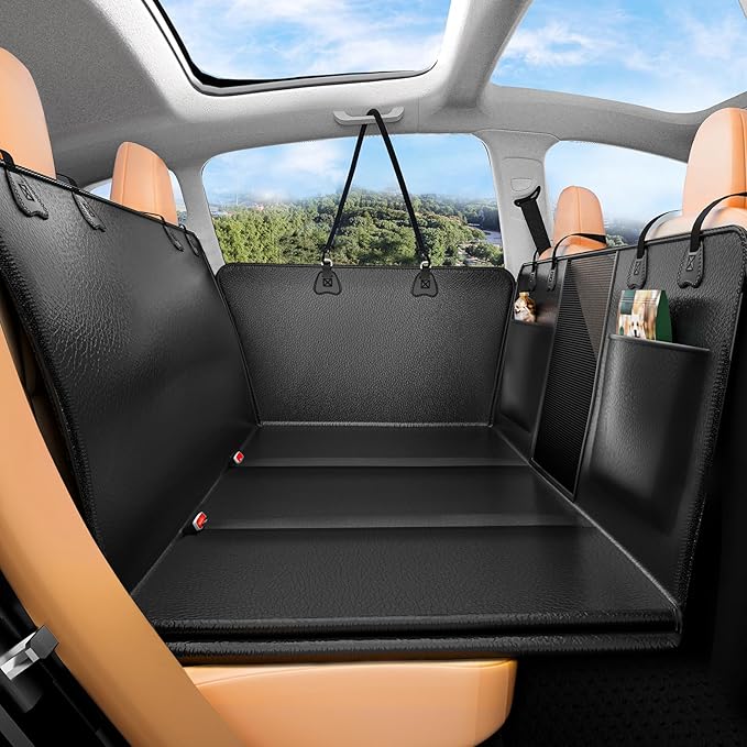 Hard Bottom Dog Car Seat Cover for Back Seat – Waterproof Nonslip Hammock Extender for Trucks & SUVs, Heavy Duty Pet Protector, Black Faux Leather