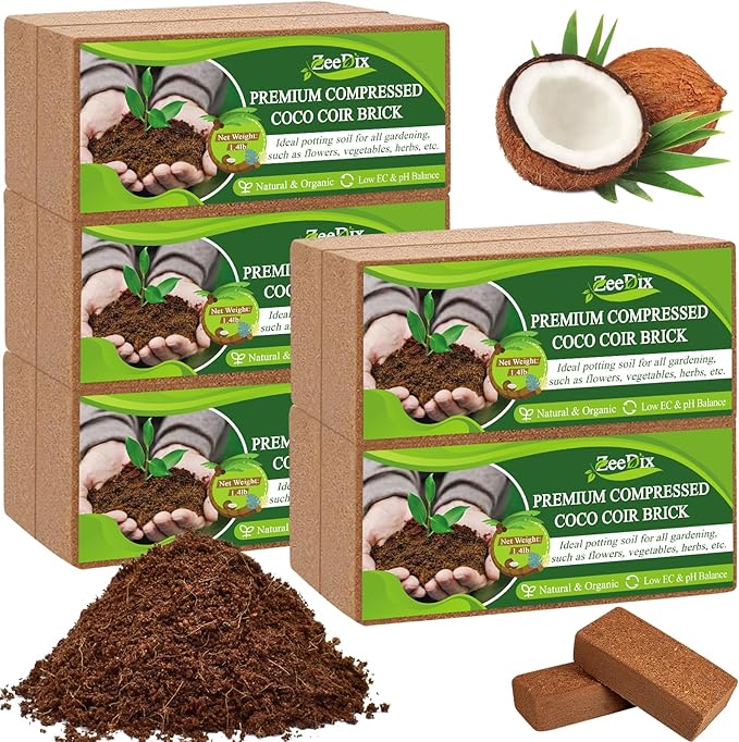 ZeeDix 10 Pack Premium Coco Coir Brick, Organic Compressed Coconut Coir Bricks Seed Starter Potting Soil for Plants, Coconut Fiber Substrate with Low EC & pH Balance for Gardening Flower Herbs
