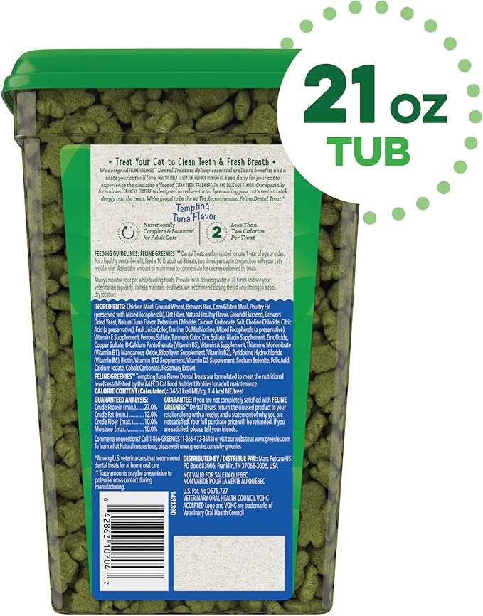 Greenies Feline Dental Cat Treats, Tempting Tuna Flavor, 21 oz. Tub