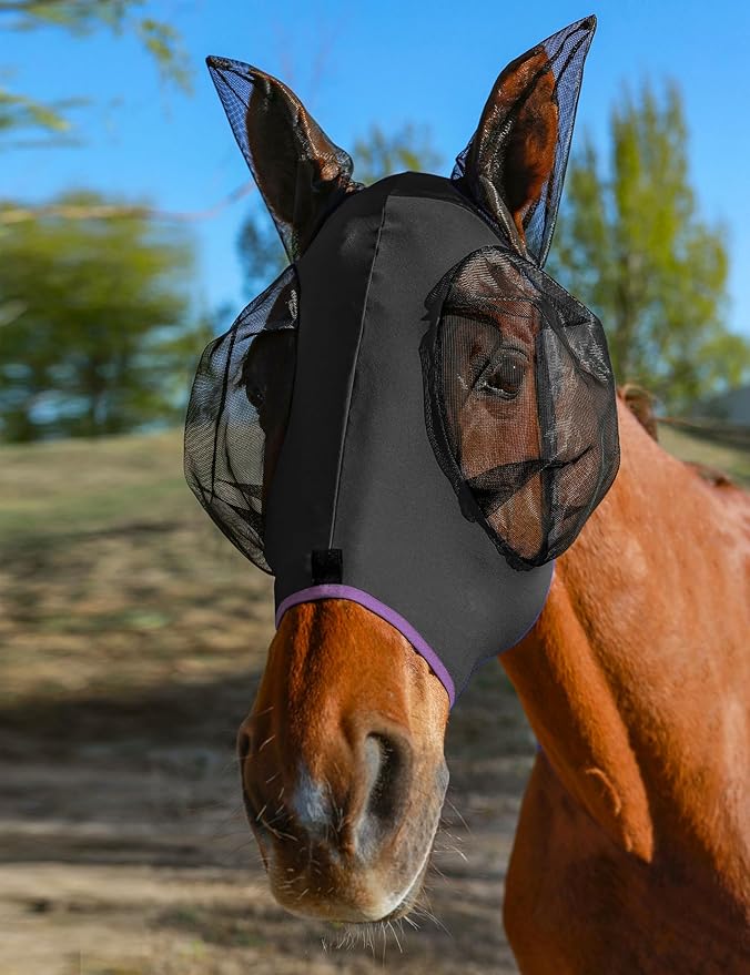 Horse Fly Mask with Ears, UV Protection for Horses, Elasticity with Big Mesh Eye Covers, Snug Fitting Comfortable Breathable Lightweight for Horses Black Full Size