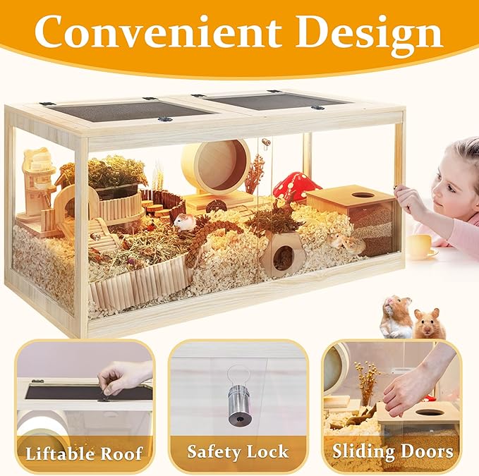 Prolee Hamster Habitat Chewproof,Wooden Hamster Cage with Openable Metal Mesh Top,Gerbil Cage with Lock Design for Hamster House (32"x16"x16")