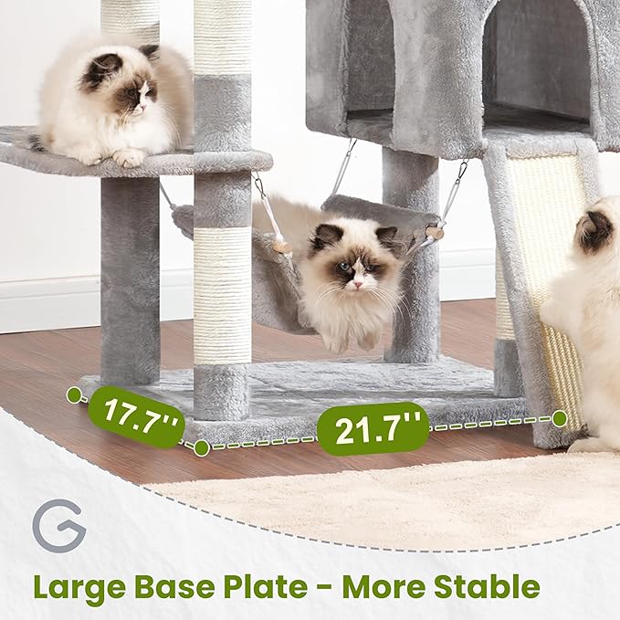Cat Tree for Indoor Cats, 71'' (180cm) Multi-Level Cat Tower for Large Adult, Sturdy Cat Tree House with 2 Scratching Boards 7 Posts, 2 Plush Perches/Condos, Hammock, Light Gray GCT032W