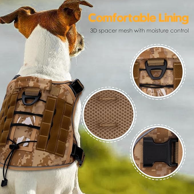 Heavy-Duty Tactical Dog Harness for Large Dogs, No Pull Adjustable Reflective Pet Vest with Molle System, K9 Military-Grade Control for Service Training, Outdoor & 10+ Breeds, Khaki Camo, X-Large
