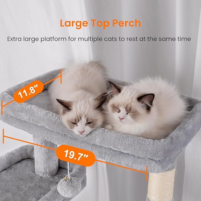 Heybly Cat Tree, 68 inch Multi-Level Cat Tower for Indoor Cats, 2 Widened Plush Perches Cat Condo with Scratching Board and Big Caves, Light Gray HCT025W
