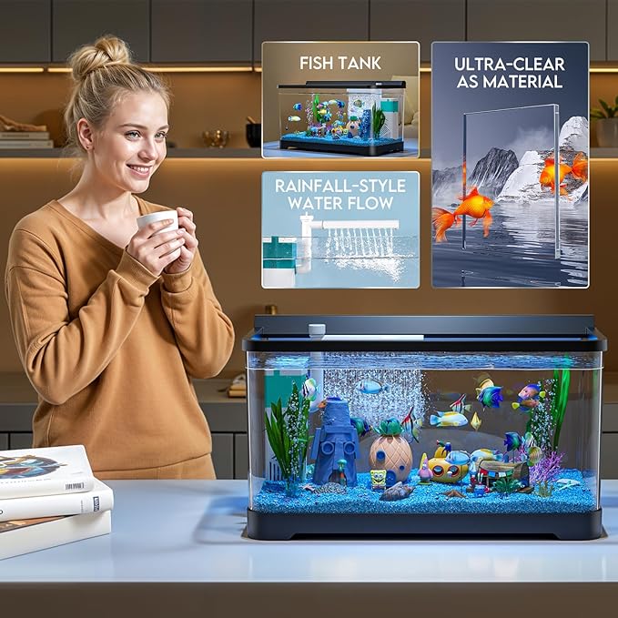 LED Aquarium Fish Tank Kit,（Light + Filter + Green Plants + Blue Sand + Pineapple Houses + Shells） Black, 4.5 Gallon