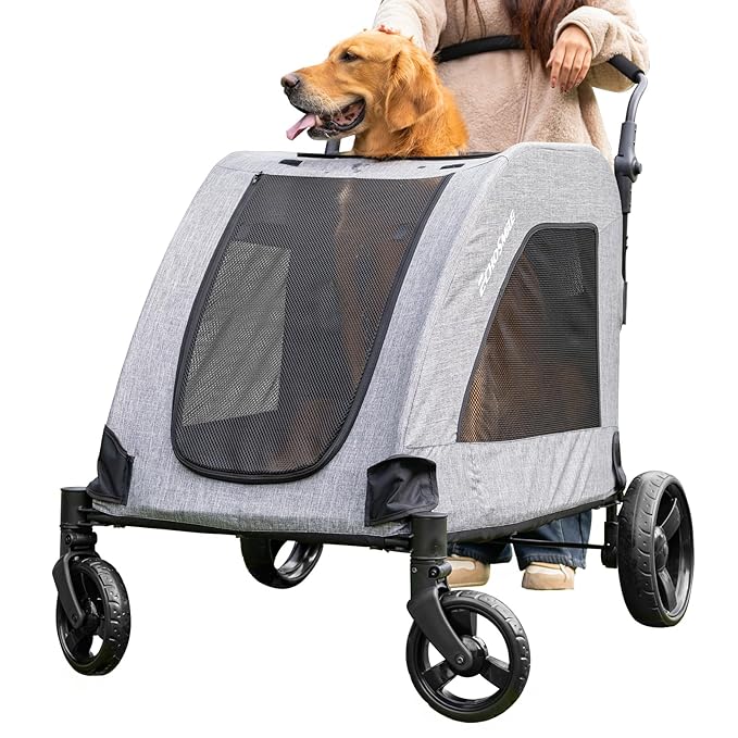 EchoSmile XL Extra Large Dog Stroller - Adjustable Handles,Lightweight Folding Pet Stroller,All-Terrain 4 Wheel for 2 Medium Dogs,Dual Entry Safety Dog Stroller,Capacity 160 lbs,Gray