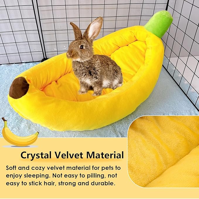 Bunny Bed,Rabbit Bed,Thick&Soft with Removable Mat,Machine Washable Guinea Pig Cushion,Cozy Bunny Plush House,Warm Small Animal Sleeping Beds(Yellow Banana Shape-M)