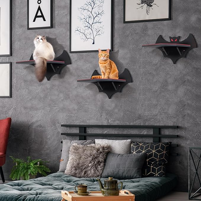 Cat Wall Mount Shelves for Indoor, Gothic Bat Floating Shelf with Coffin Bed Cat Wall Tree Can Load Bearing up to 30 Lbs/ 14 kg