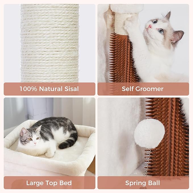 Cat Tree with Large Top Bed 17.7x15.7” Small Cat Tower with Dual Condos,28” Fully Scratching Post and Self Groomer for Indoor Cats-Beige