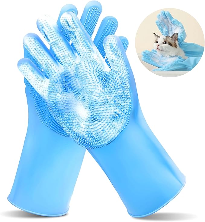 Pet Grooming Gloves，Heat-Resistant Silicone Gloves with High-Density Teeth for Enhanced Massaging and Bathing of Dogs and Cats (Blue, 2 Pair)