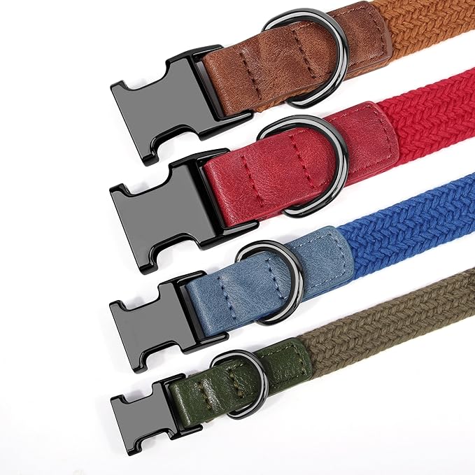 PET ARTIST Soft Cotton Dog Collar for Medium Dogs in Rustic Brown, Simple Dog Collar with Quick Release Metal Buckle & D Ring, M Size (13-21")