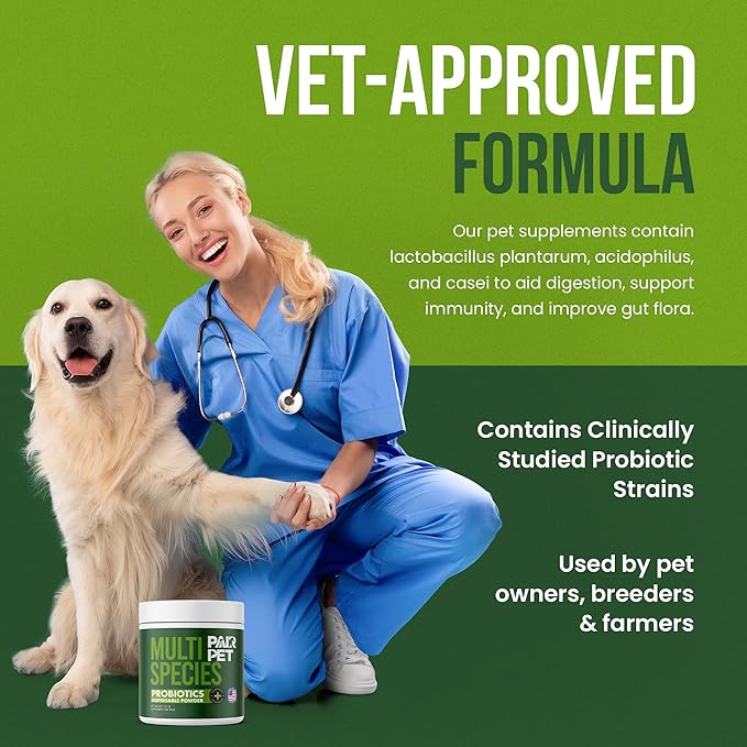 Pet Probiotics for Dogs, Cats, Horses, Goats, Cows & Pigs | Multi Species Dispersible Powder | Supplements for Digestive Health | Cat & Dog Probiotics | Vet Approved & Made in USA | 20 oz | Pair Pet