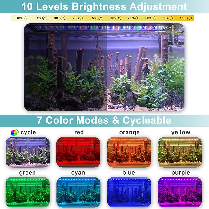 24/7 LED Aquarium Light, IP68 Waterproof Extendable Bracket Fish Tank Light with Timer, 7 Colors, 10 Level Adjustable Brightness, DIY Mode Full Spectrum Aquarium Plant Light for 24-30 Inch Fish Tank