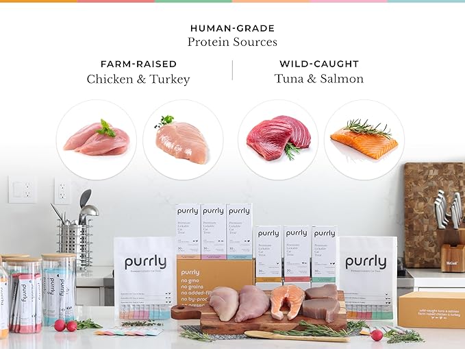 Purrly Squeezable Cat Treats Wet Healthy Interactive Hydrating Human-Grade Tuna & Salmon with Omega-3 & 6 for Skin & Coat (30 Count) Lickable Healthy Creamy Puree
