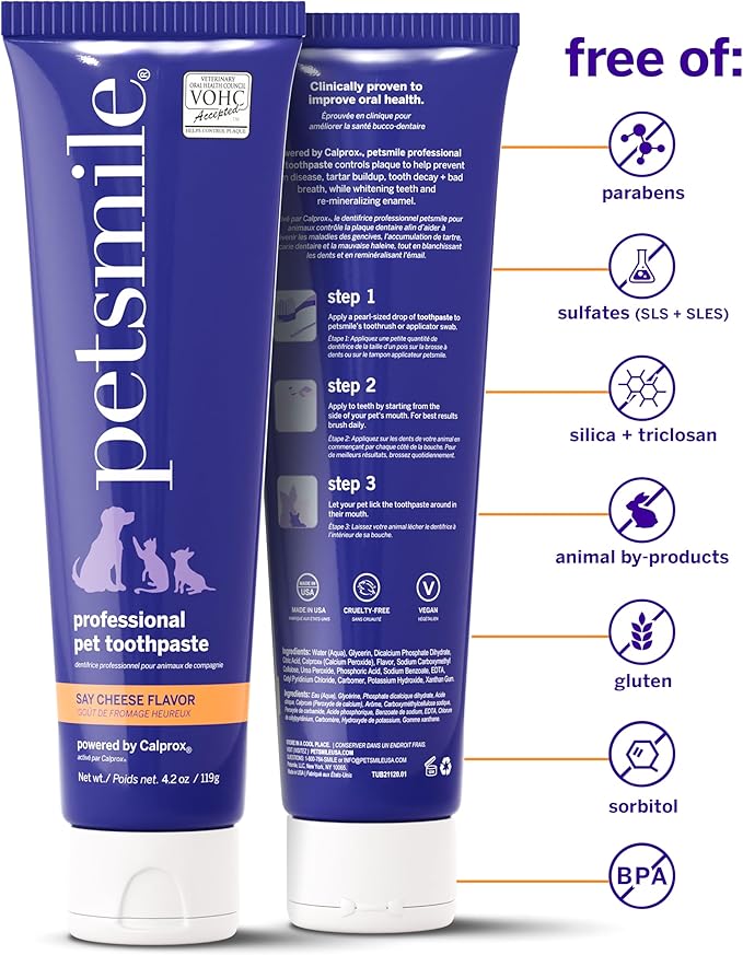 Petsmile Professional Pet Toothpaste for Cats & Dogs - Only VOHC Accepted Toothpaste - Clinically Proven to Control Plaque & Tartar Calprox Formula (Say Cheese, 4.2 Oz)