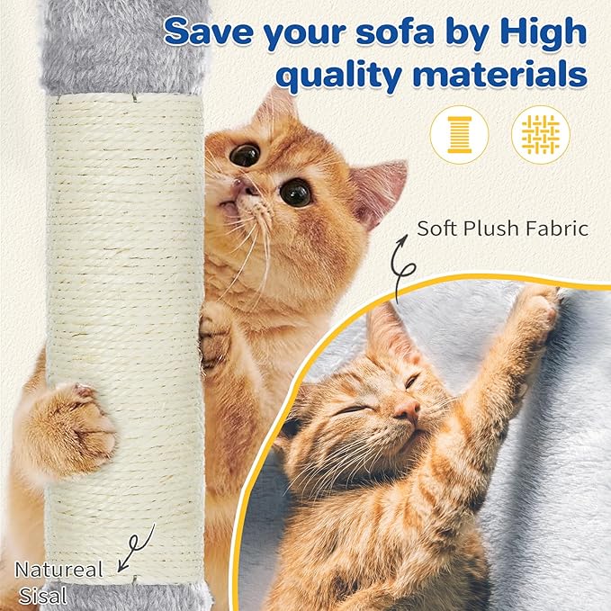 Cat Tree Tower 63in Multi-Level Cat Tower for Indoor Cats with Sisal Scratching Posts, Condo, Hammock, Dangling Ball and Extended Platform for Cats to Play, Light Grey