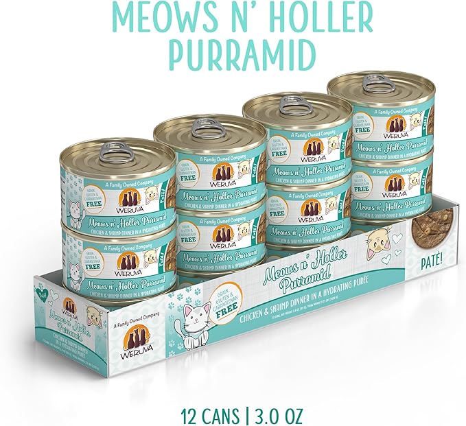 Weruva Wet Cat Food, Meows n Holler PurrAmid with Chicken and Shrimp Pate, 3oz Can, Pack of 12