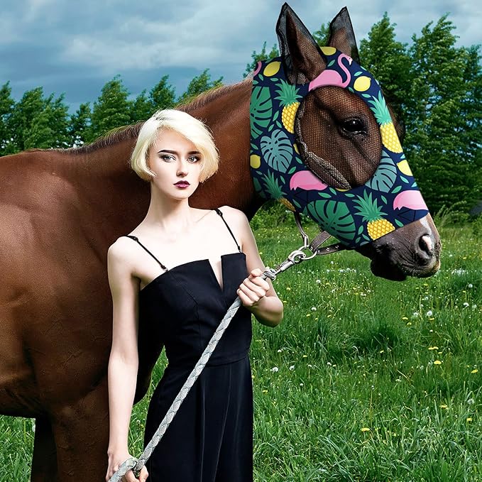 Frienda 4 Pieces Horse Fly Masks with Ears Face Covering UV Protection from Insect Pests Elasticity Smooth Comfortable Mesh Horse Mask Accessories(Fruit,Medium)