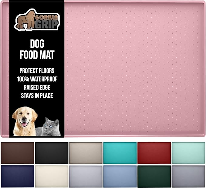 GORILLA GRIP 100% Waterproof Raised Edge BPA Free Silicone Pet Feeding Mat, Dog Cat Food Mats Contain Spills Protects Floors, Placemats for Cats and Dogs Water Bowl, Pets Accessories 16x10, Pink