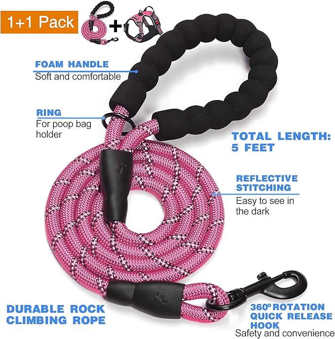 No Pull Dog Harness Adjustable Reflective Oxford Easy Control Medium Large Dog Harness with A Free Heavy Duty 5ft Dog Leash (S (Neck: 13"-18", Chest: 17.5"-22"), Pink Harness+Leash)