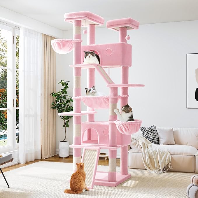 Allewie 81 Inches Tall Cat Tree/Multi-Level Large Climbing Tree House and Towers for Big Feline/Condo and Hammock/Scratching Post/Wide Base/Pink
