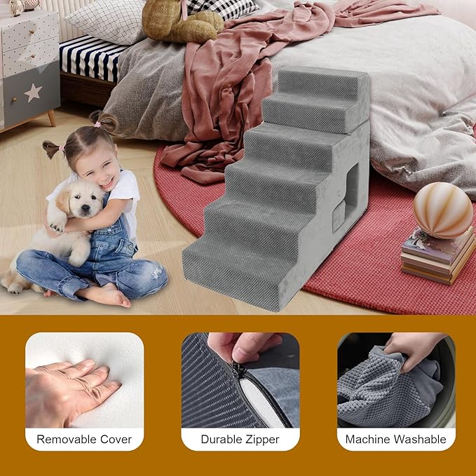 Dog Stairs for Small Dogs 27”H, 6-Step Dog Steps for High Bed, High-Density Foam Pet Stairs with Non-Slip Removable Washable Cover to Get on Bed(Grey)