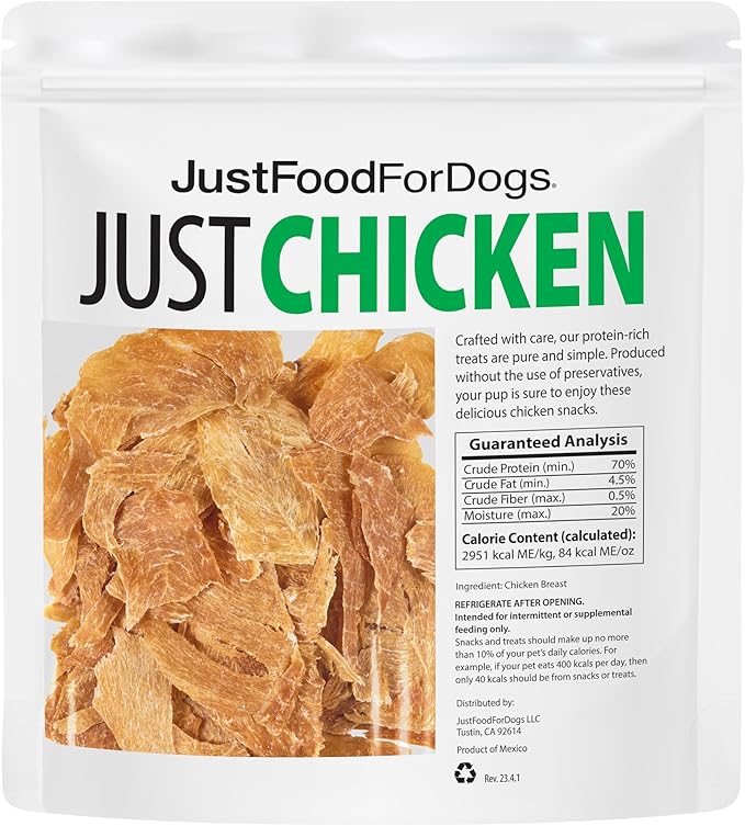 JustFoodForDogs Healthy Dog Treats, Single-Ingredient, Chicken Breast, 2.5 oz (Pack of 4)
