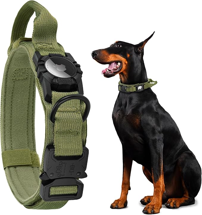 Tactical AirTag Dog Collar - Heavy Duty, Adjustable GPS Collar Compatible with Apple AirTag, with Holder & Control Handle for Medium/Large Dogs [ Green, M ]