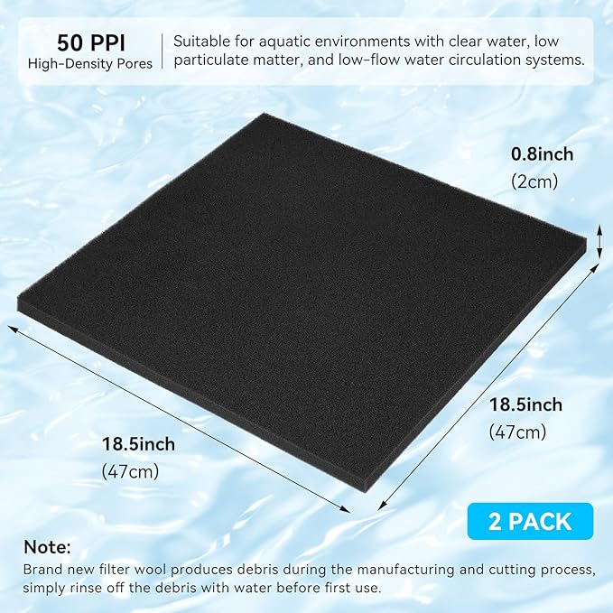 Aquarium Filter Sponge Pad, Filter Media Foam Sponges, Filter Accessories for Fish Tanks and Ponds (18.5"x18.5"x0.8", 50PPI, 2 Pack)