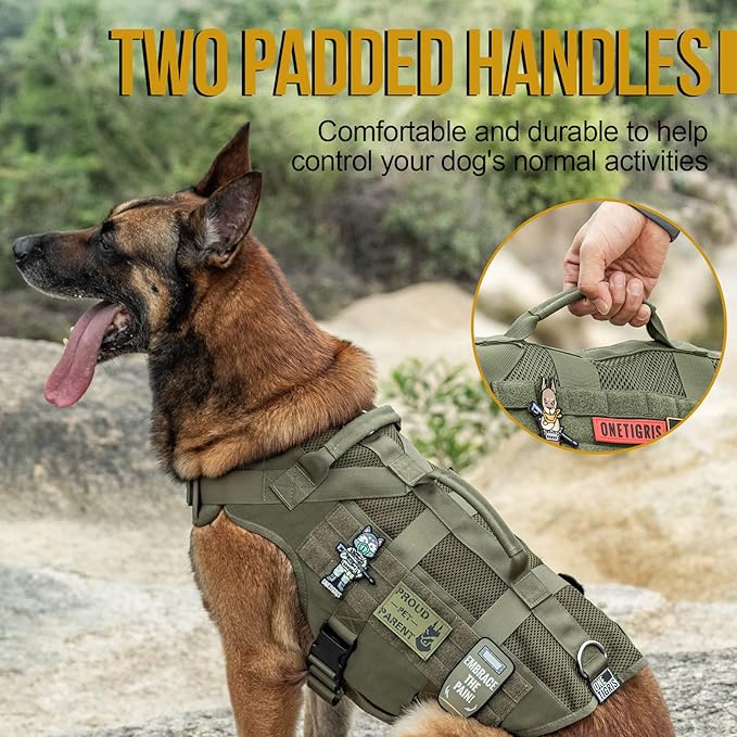 OneTigris No Pull Tactical Dog Mesh Harness for Medium Dogs, Aire Mesh Breathable Military Dog Molle Vests with Handles, Service Dog Vest Harness for Walking Hiking Training Green