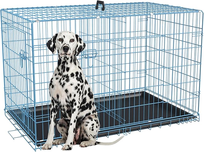 FDW Dog Crate for Large Dogs 48 Inch Folding Metal WirePet Cage Double Door W/Divider Panel Indoor Outdoor Kennel Leak-Proof Plastic Tray,Blue