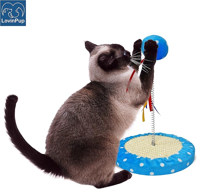 Cat Tree with Toy Ball, Interactive Cats Scratcher Toys with Colorful Ribbons, Play kat Tree, Fun, Entertaining for Large Cats and Small Kittys