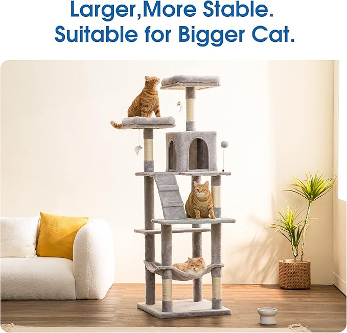 MWPO 70.1-Inch Large Cat Tree, Multi-Level Tall Cat Tower for Indoor Cats, Plush Cat Condo with Big Padded Perches, Sisal-Covered Scratching Posts, Hammock, Toys for Kittens & Cats - Light Grey