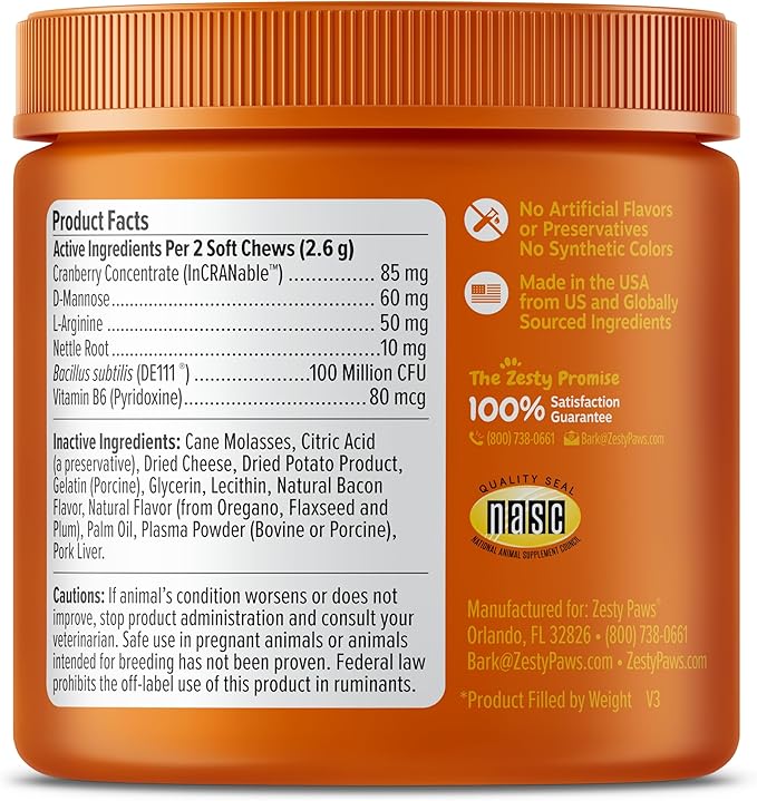 Zesty Paws Cranberry Urinary Tract Bites for Cats - Kidney & Urinary Tract Health - Soft Chews with D-Mannose, Vitamin B6 & L-Arginine - Immune & Gut Support - Bacon - 60 Count