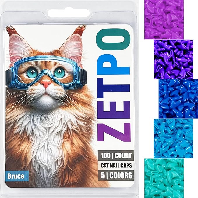 zetpo 100 pcs Cat Nail Caps | Cat Claw Covers | with Adhesives and Applicators (M, Purple, Violet, Blue, Sky Blue, Turquoise)