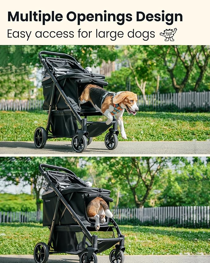 Medium Dog Stroller, Foldable Pet Stroller with Adjustable Handle & No Zip Entry, Storage Basket & Cup Holder, Canopy, Mesh Windows, Ideal for Medium Dogs and Cats Up to 50lbs, Black